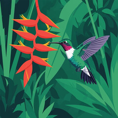 Hummingbird feeding on a red flower in a lush green environment.