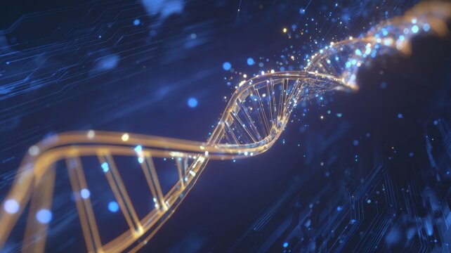 Glowing dna helix in digital cosmos. AI image
