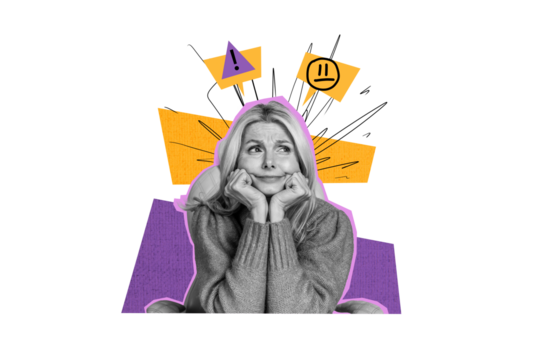 Creative collage mature woman sit thoughtful face expression emoticon sad upset unhappy worried caution stressed colored background