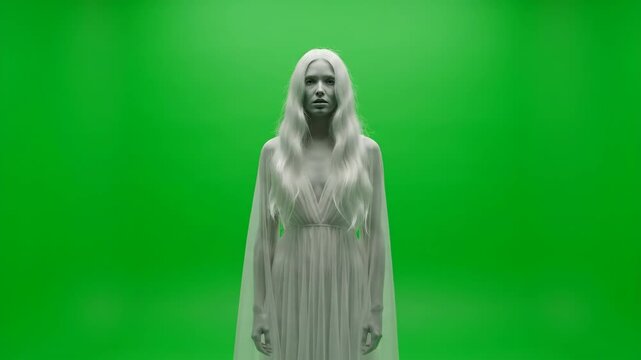Ghostly woman figure standing in a green chromakey background  