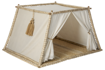 A charming miniature tent with a woven frame and white fabric isolated on transparent background