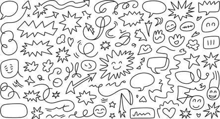 Mega Set of Hand-Drawn Doodle Elements: Arrows, Speech Bubbles, Stars, Hearts, and Comic Vector Shapes

