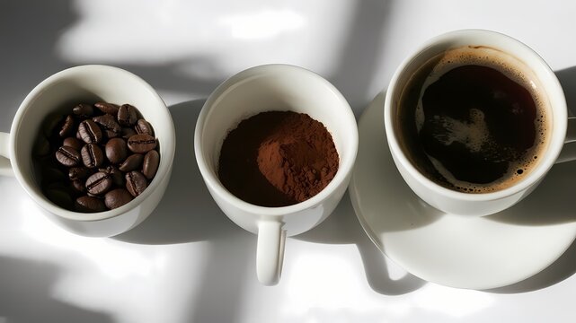 Roasted Coffee Beans and Ground Coffee with Fresh Leaves - Powered by Adobe
