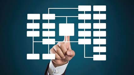 Dynamic business strategy flow chart with hand on blue, visualizing process and organizational structure concept