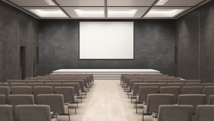 Big blank white poster on grey wall in conference room with podium and row of seats on blue carpet. Mockup. 3D rendering