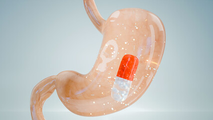 Capsule pill inside human stomach showing digestion process, medicine treatment, pharmaceutical therapy, healthcare, drug absorption, medical cure, stomach medication, digestive system, 3d render