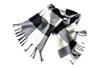 Black and White Plaid Scarf with Fringes, Transparent Background, Cozy Winter Accessory Design Element