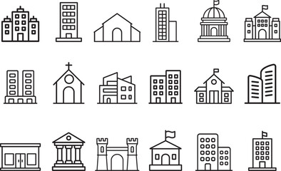 Building Icons Silhouette Vector Illustration Set Bundle of City Landmarks and Public Buildings
