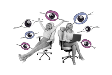 Creative trend collage of office worker mature female spying eyes watching freak bizarre unusual fantasy