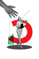 Vertical photo collage of happy old woman hold clipboard hand palm reach greeting agreement concept deal isolated on painted background