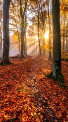 Autumn sunlight streams through a misty forest.  Fallen leaves carpet a path