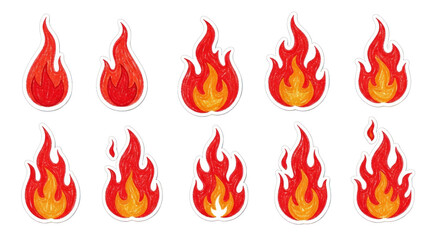 Ten stylized flames in red and orange hues isolated on a transparent background fire