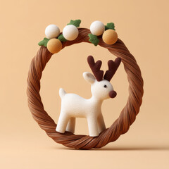 Soft textured reindeer stands inside wreath decorated with round ornaments and green leaves creating charming animal holiday display