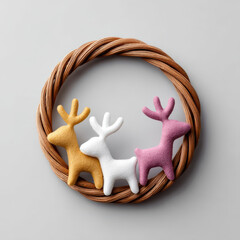 Wreath decorated with soft animal figures in yellow white and pink colors creating charming and cozy holiday decoration on neutral background