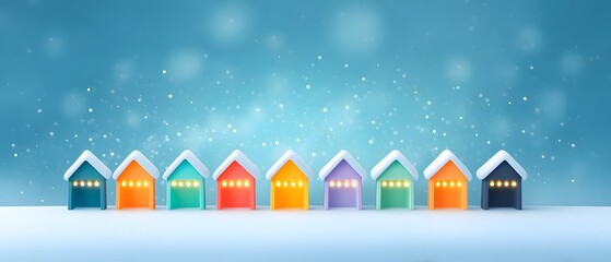 Fototapeta premium Vacation Party Snow Colorful houses under a snowy sky create a whimsical winter scene.