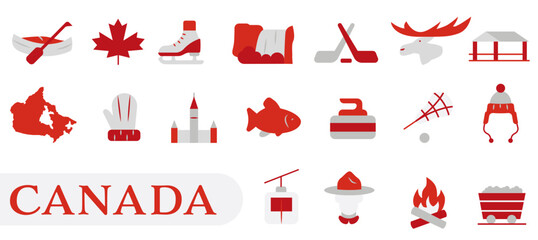 A set of colorful icons depicting iconic elements of Canadian culture, nature, and sports.