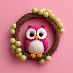 Cute wreath decorated with pink animal owl and green balls on pink background creating charming and playful decoration