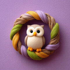 Soft owl animal figure sits inside colorful wreath decorated with twisted yarn strands on purple textured background creating cozy feel