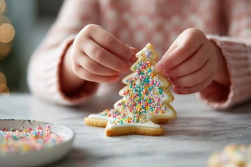 Child decorating Christmas tree sugar cookie with icing and colorful sprinkles, holiday baking closeup.
