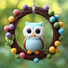 Colorful wreath decorated with soft felt balls surrounds cute blue owl animal figure creating charming and playful decoration for any space