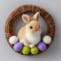 Wreath decorated with colorful felt balls and fluffy animal sitting in center creating charming and cozy decorative piece for any space