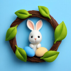 Cute white bunny sits inside wreath decorated with green leaves and colorful eggs creating joyful animal themed spring decoration