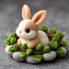 Soft felt animal bunny sits in decorated wreath made of twigs with green leaves and smooth stones creating charming and cozy scene
