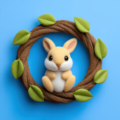 Cute animal wreath decorated with green leaves and soft felt bunny on blue background creating charming and cozy springtime decoration