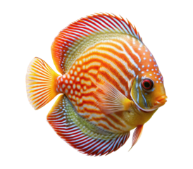 Vibrant orange and red discus fish displaying striking patterns in a close-up studio shot