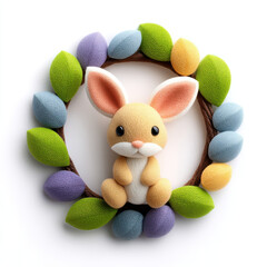 Cute animal wreath decorated with colorful knitted leaves and soft bunny in center creating warm and charming feeling