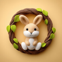 Soft felt animal bunny sitting inside decorated wreath with green leaves on beige background creating charming and cozy scene