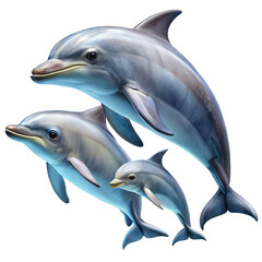 Fototapeta premium Adorable dolphin family swimming together isolated on a clean white canvas for your designs