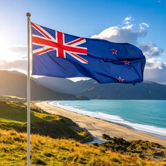 New Zealand flag billowing over a scenic beach
