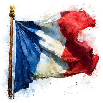 French national flag waving watercolor painting style