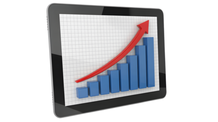 Dynamic bar graph with upward trending red arrow on tablet screen signifies business growth and financial success, perfect for reports and presentations.