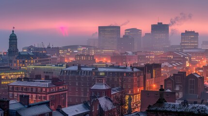 A vibrant cityscape at dusk, showcasing buildings and a colorful sky.
