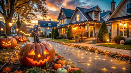 Halloween pumpkins and lights on a residential street
