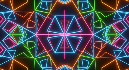 Kaleidoscopic display of neon geometric shapes in vibrant colors against a dark background glow effect