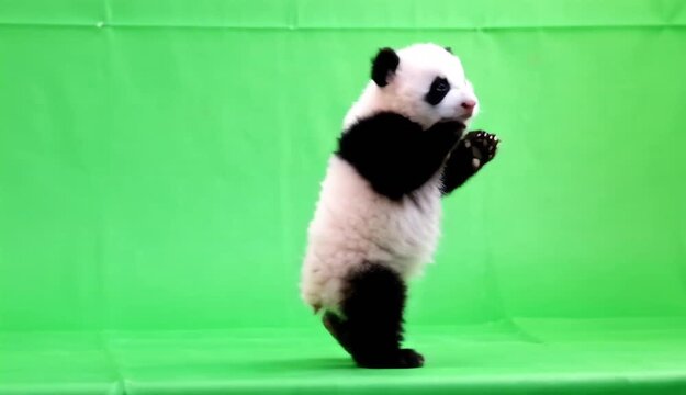 Baby panda dancing on green screen background