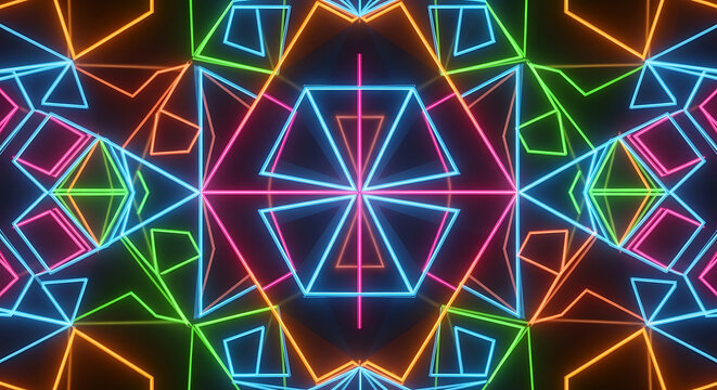 Kaleidoscopic display of neon geometric shapes in vibrant colors against a dark background glow effect