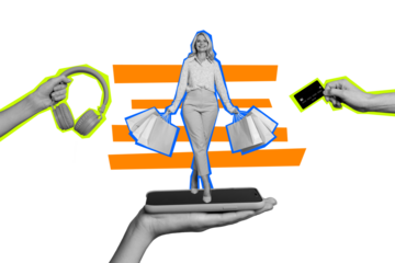 Creative collage picture mature woman walk go shopping packages bags headphones listen music credit card payment black friday