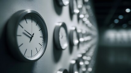 A perspective view of a large wall filled with numerous synchronized clocks receding into the distance