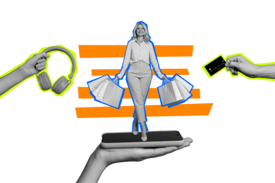 Creative collage picture mature woman walk go shopping packages bags headphones listen music credit card payment black friday