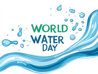World Water Day design with green WORLD and blue WATER DAY text, water waves and droplets illustration for environmental campaigns and digital media.