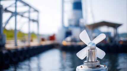 Closeup medium shot of a tidal generator installation near a dock main generator in crisp focus with soft blur on surrounding ecofriendly infrastructure.