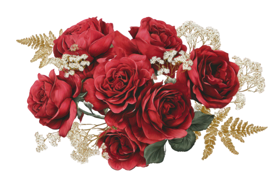 Lush Bouquet of Red Roses with Golden Accent Flowers on Transparent Background Still Life