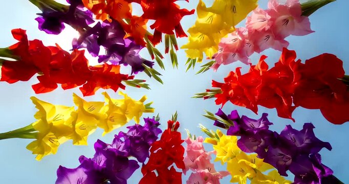 Colorful gladiolus flowers arranged in a circular pattern against a blue sky