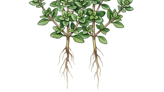 Detailed illustration of two small green plants with visible root systems, possibly herbs like thyme or oregano, on a clean white background.