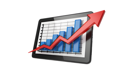 Dynamic business graph on tablet shows upward trend with red arrow indicating financial growth and success