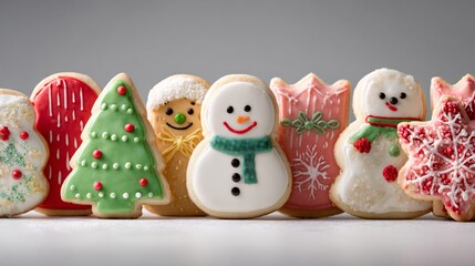 Assorted Christmas sugar cookies in a colorful row with icing and sprinkles, festive holiday background.